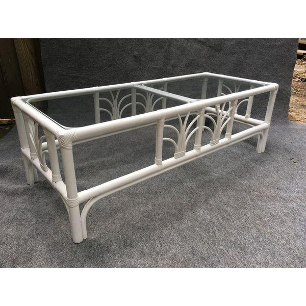 Vintage Rattan Glass Top White Cocktail Table