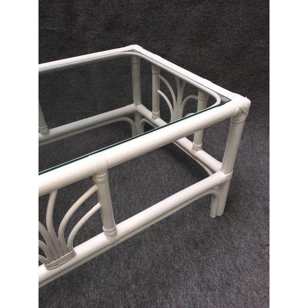 Vintage Rattan Glass Top White Cocktail Table