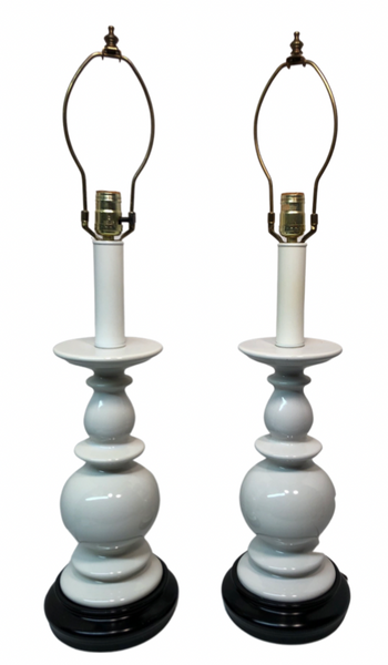 Vintage White Lamps with Black Wood Bases, Pair