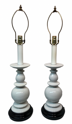 Vintage White Lamps with Black Wood Bases, Pair
