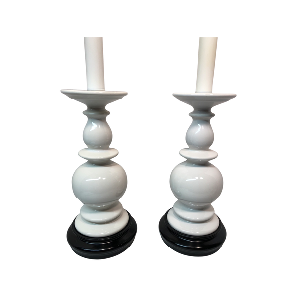 Vintage White Lamps with Black Wood Bases, Pair