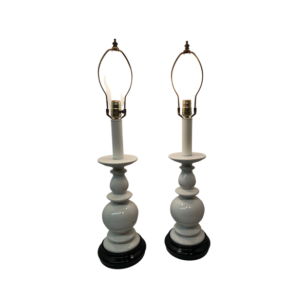 Vintage White Lamps with Black Wood Bases, Pair