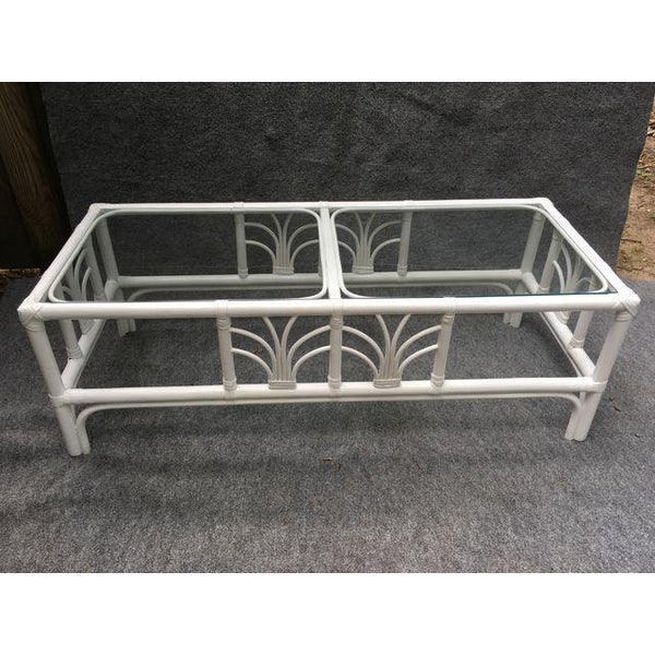 Vintage Rattan Glass Top White Cocktail Table