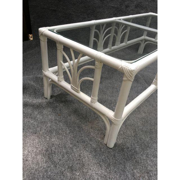 Vintage Rattan Glass Top White Cocktail Table