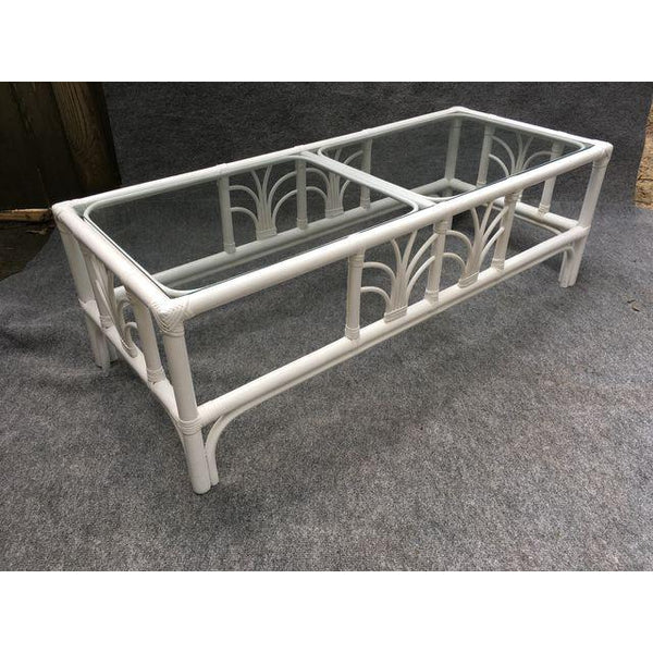 Vintage Rattan Glass Top White Cocktail Table