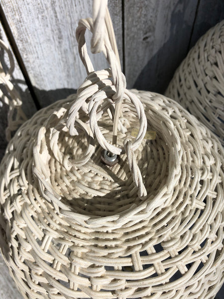 Vintage Pair White Wicker Wall Pendant Lamps