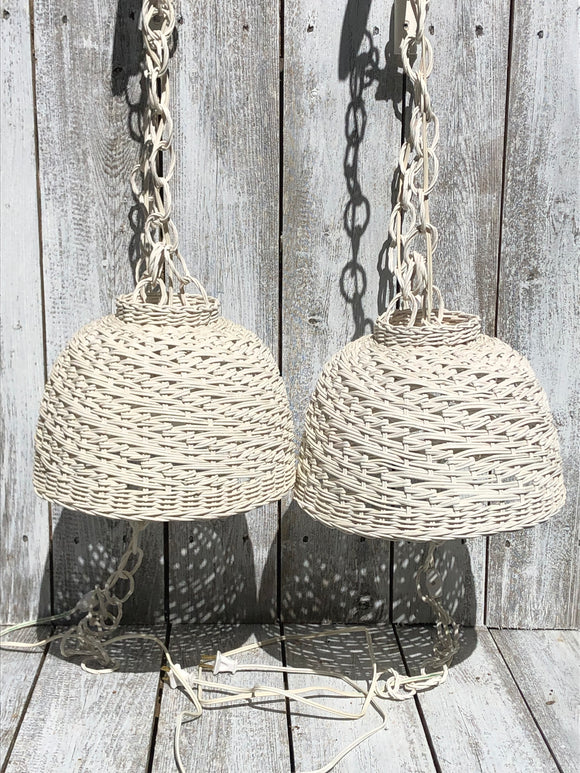 Vintage Pair White Wicker Wall Pendant Lamps
