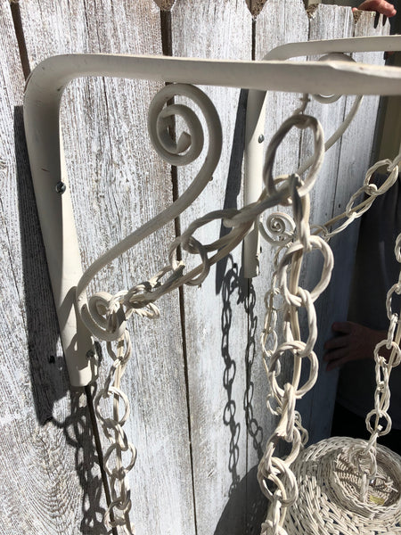 Vintage Pair White Wicker Wall Pendant Lamps