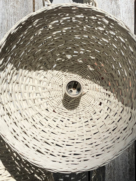 Vintage Pair White Wicker Wall Pendant Lamps